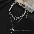 Shangjie Oem Joyas Fashion Punk Halskette Schmuck Frauen versilberte geschichtete Halskette Lederlegierung Cross Halskette